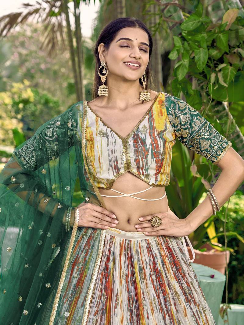  Green Thread And Sequins Embroidered Chinon Party Wear Lehenga Choli