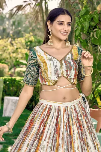  Green Thread And Sequins Embroidered Chinon Party Wear Lehenga Choli