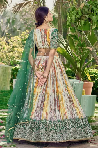  Green Thread And Sequins Embroidered Chinon Party Wear Lehenga Choli