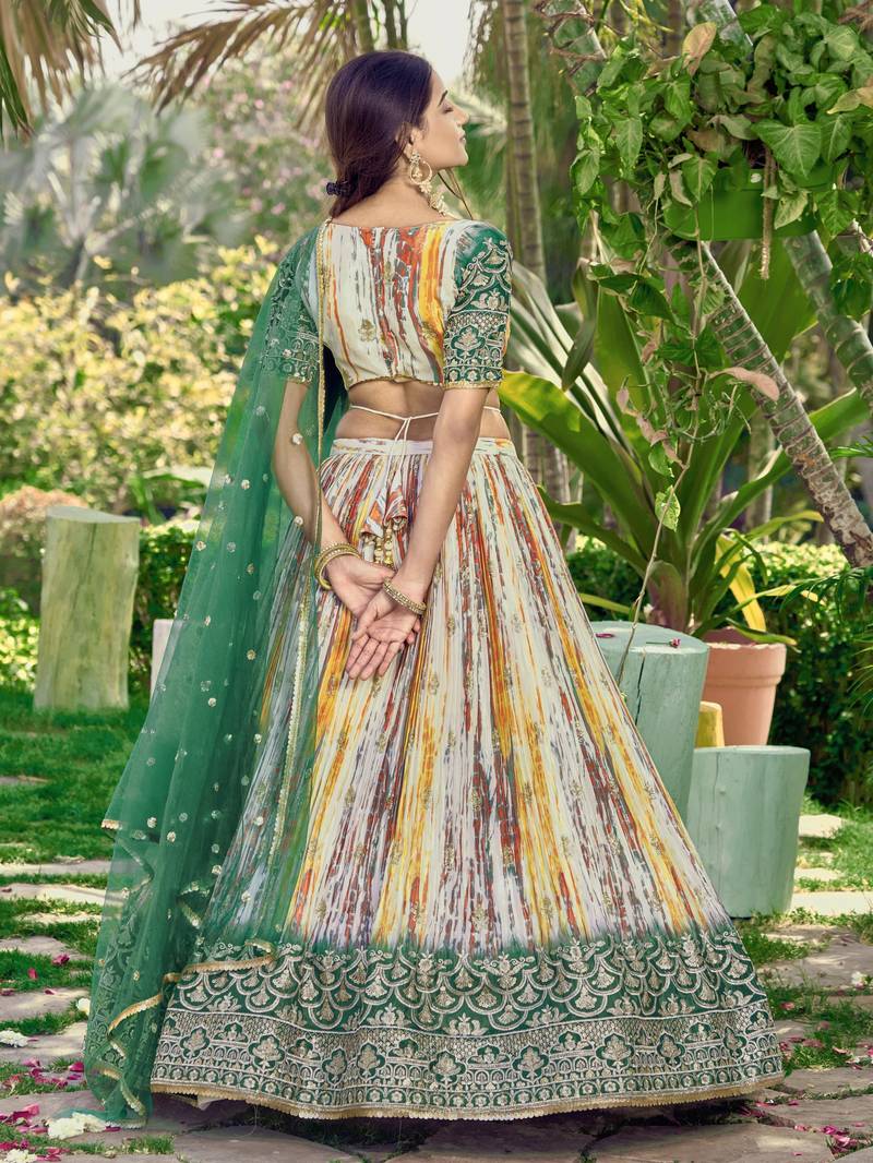  Green Thread And Sequins Embroidered Chinon Party Wear Lehenga Choli