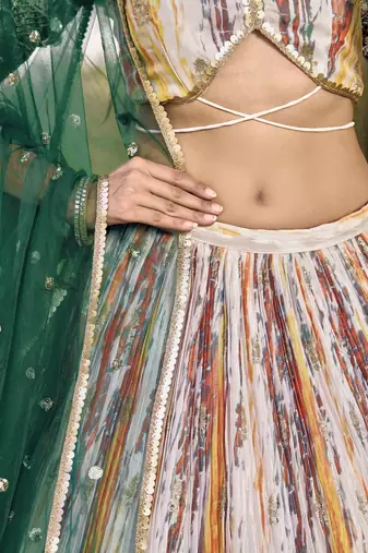  Green Thread And Sequins Embroidered Chinon Party Wear Lehenga Choli