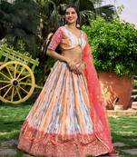 Provocative Pink Thread And Sequins Embroidered Chinon Lehenga Choli For Wedding