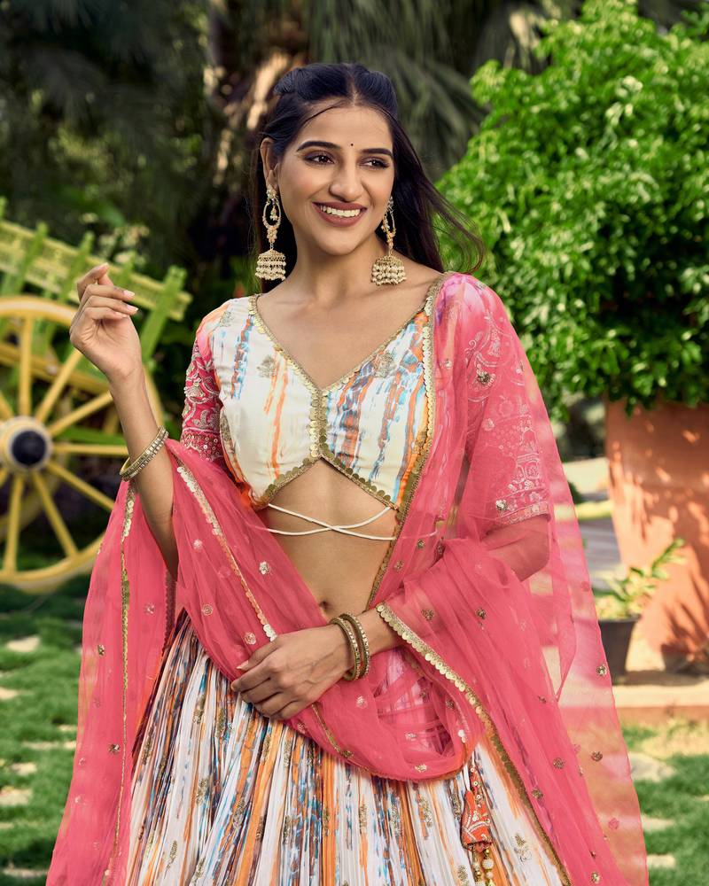 Provocative Pink Thread And Sequins Embroidered Chinon Lehenga Choli For Wedding