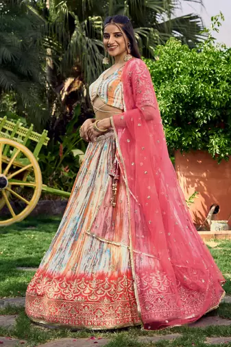 Provocative Pink Thread And Sequins Embroidered Chinon Lehenga Choli For Wedding