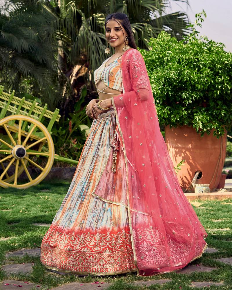 Provocative Pink Thread And Sequins Embroidered Chinon Lehenga Choli For Wedding