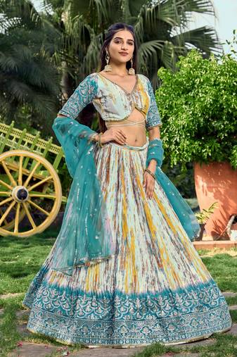 Rama Green Thread And Sequins Embroidered Chinon Party Wear Lehenga Choli