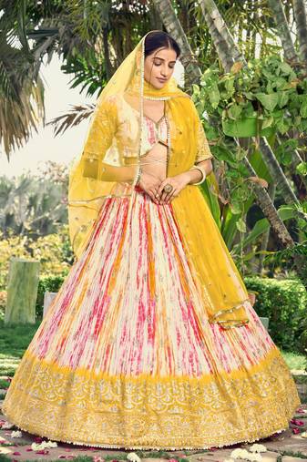  Yellow Thread And Sequins Embroidered Chinon Lehenga Choli For Bride