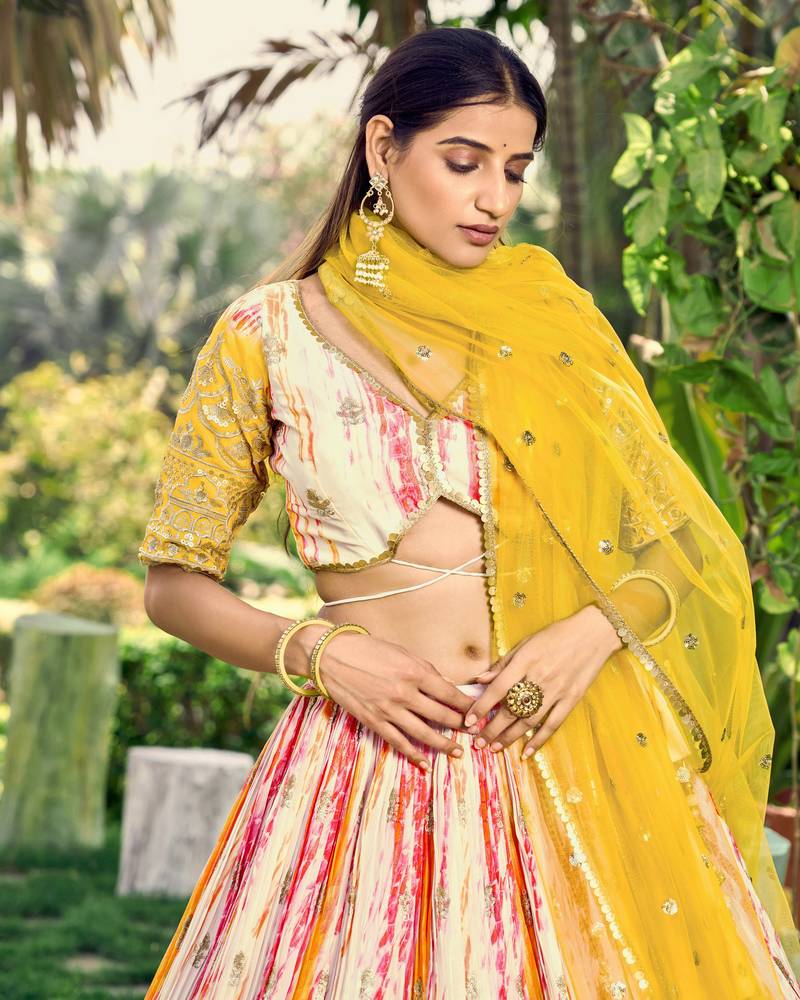  Yellow Thread And Sequins Embroidered Chinon Lehenga Choli For Bride