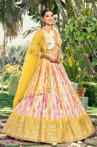  Yellow Thread And Sequins Embroidered Chinon Lehenga Choli For Bride