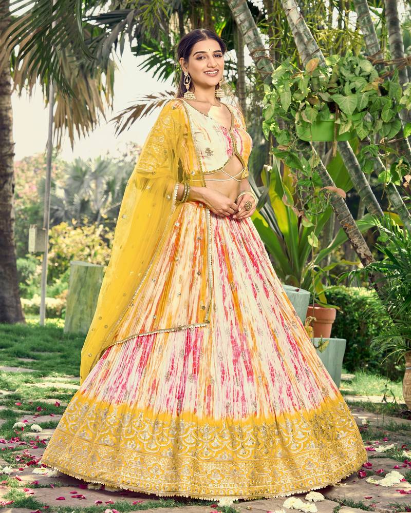  Yellow Thread And Sequins Embroidered Chinon Lehenga Choli For Bride