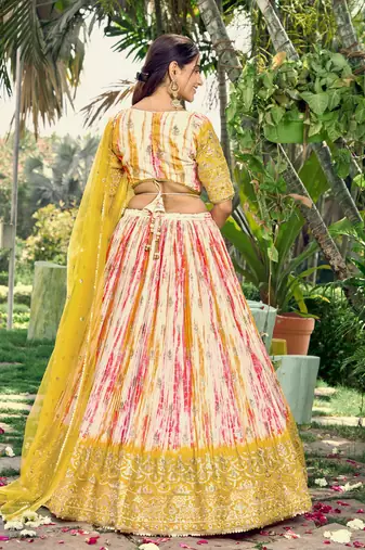  Yellow Thread And Sequins Embroidered Chinon Lehenga Choli For Bride