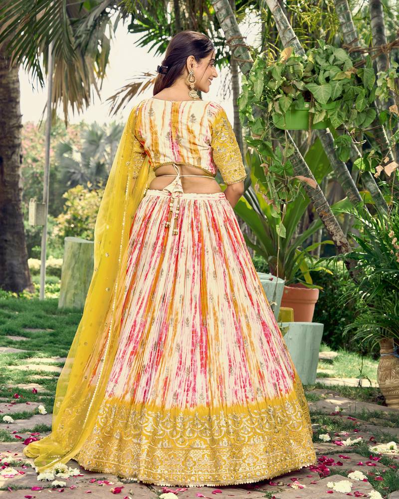  Yellow Thread And Sequins Embroidered Chinon Lehenga Choli For Bride