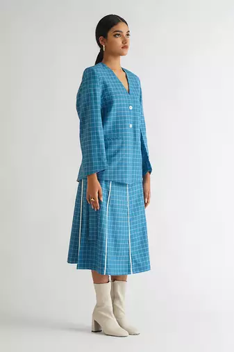 Blue cotton check skirt set