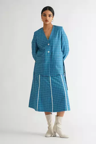 Blue cotton check skirt set
