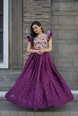 Smartly printed wine colour muslin and chinon fabric partywear girlish gown 1