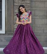 Smartly printed wine colour muslin and chinon fabric partywear girlish gown