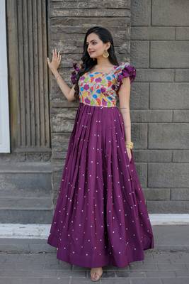 Smartly printed wine colour muslin and chinon fabric partywear girlish gown 2