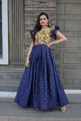 Smartly printed blue colour muslin and chinon fabric partywear girlish gown 1
