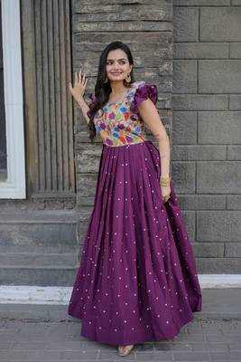 Smartly printed wine colour muslin and chinon fabric partywear girlish gown 3