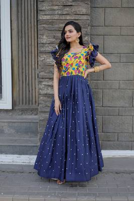Smartly printed blue colour muslin and chinon fabric partywear girlish gown 3