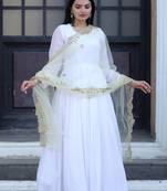 Fancy and stylish white gown with yelloe colour embroidered dupatta