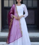 Fancy and stylish white gown with wine colour embroidered dupatta