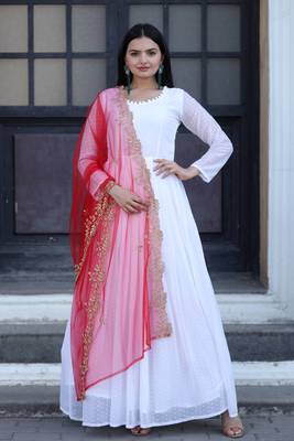 Fancy and stylish white gown with red colour embroidered dupatta 1