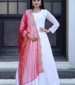 Fancy and stylish white gown with red colour embroidered dupatta
