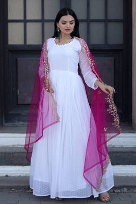 Fancy and stylish white gown with pink colour embroidered dupatta 1