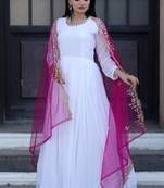 Fancy and stylish white gown with pink colour embroidered dupatta