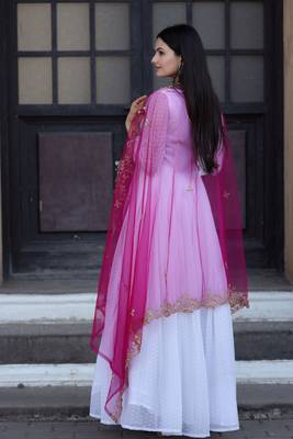 Fancy and stylish white gown with pink colour embroidered dupatta 2