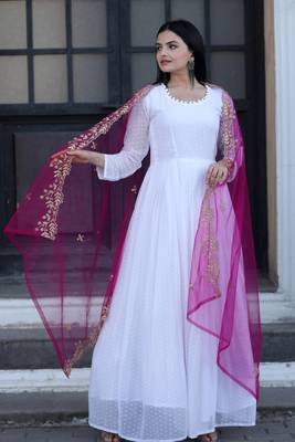 Fancy and stylish white gown with pink colour embroidered dupatta 3
