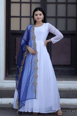 Fancy and stylish white gown with blue colour embroidered dupatta 1