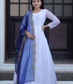 Fancy and stylish white gown with blue colour embroidered dupatta