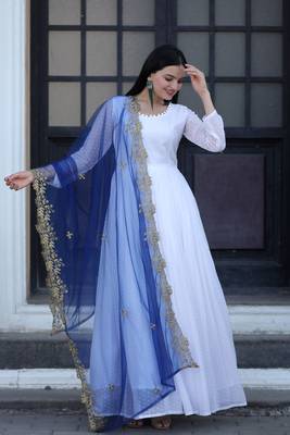 Fancy and stylish white gown with blue colour embroidered dupatta 2