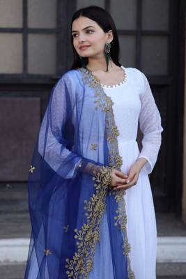 Fancy and stylish white gown with blue colour embroidered dupatta 3