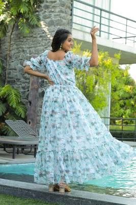 Trendy sky blue colour long kurti for ethnic and party looks 2