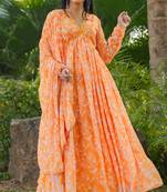 Smart and elegant orange colour gown with dupatta for trendy looks