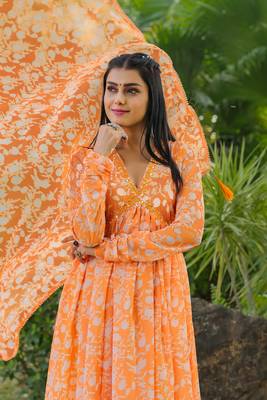 Smart and elegant orange colour gown with dupatta for trendy looks 3