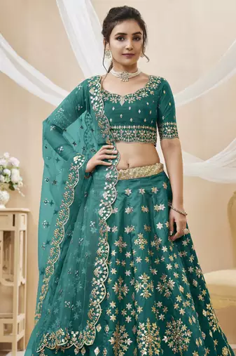 Green Sequins Foil & Zari Embroidered Art Silk Lehenga Choli