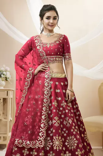 Red Sequins Foil & Zari Embroidered Art Silk Lehenga Choli For Wedding