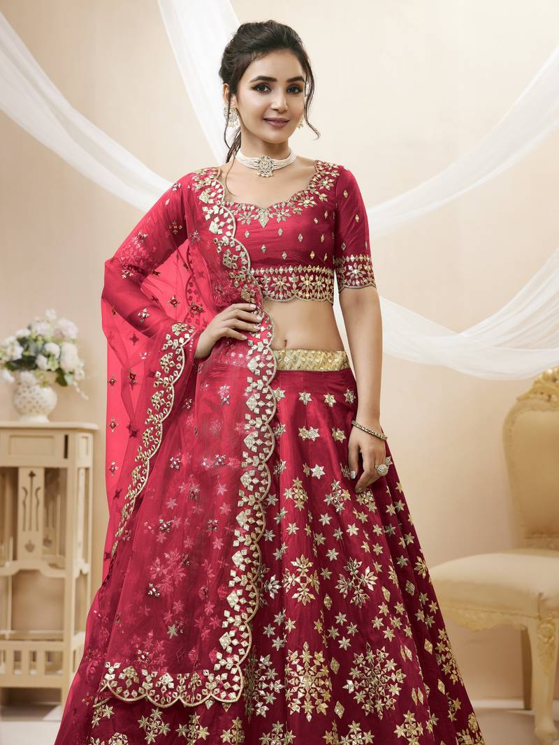 Red Sequins Foil & Zari Embroidered Art Silk Lehenga Choli For Wedding