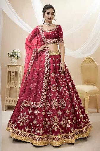 Red Sequins Foil & Zari Embroidered Art Silk Lehenga Choli For Wedding