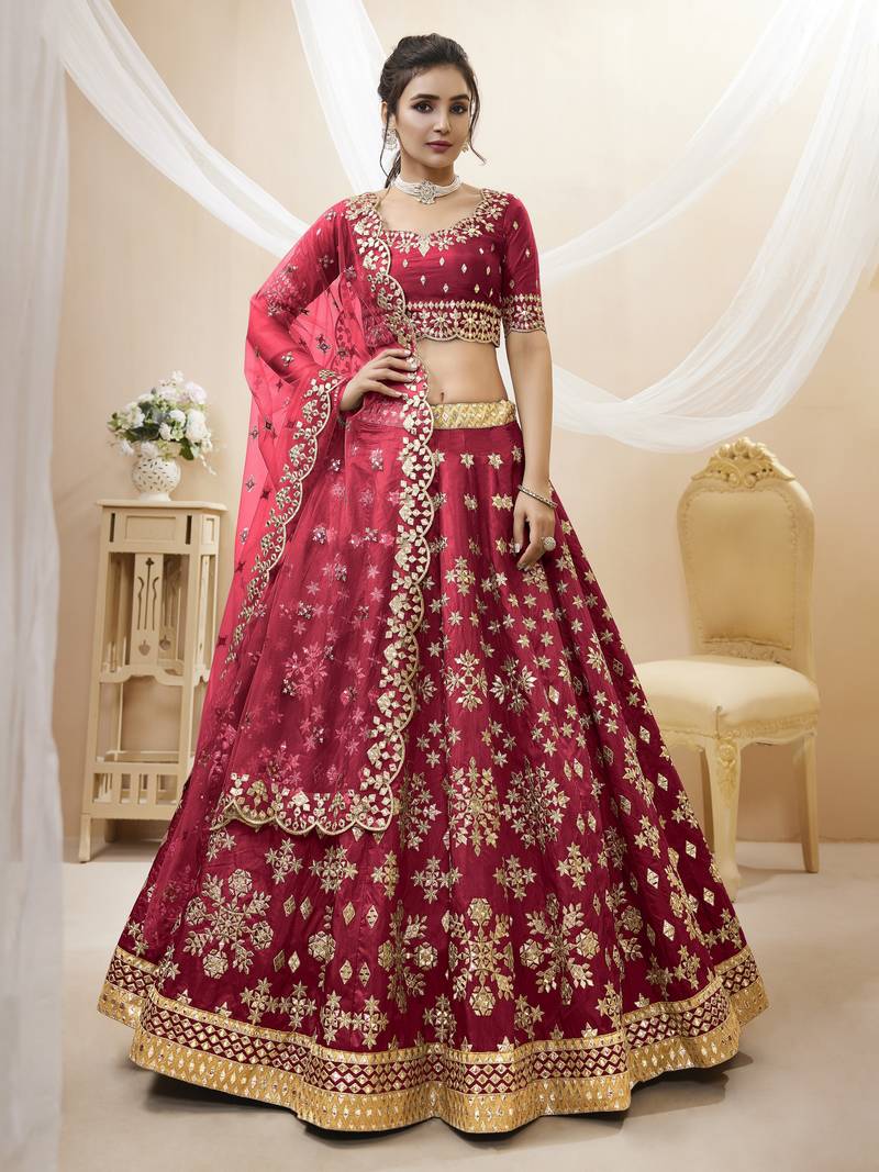Red Sequins Foil & Zari Embroidered Art Silk Lehenga Choli For Wedding