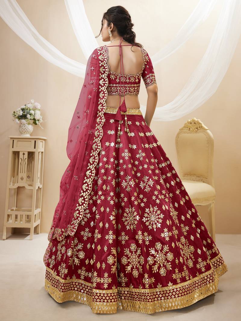 Red Sequins Foil & Zari Embroidered Art Silk Lehenga Choli For Wedding