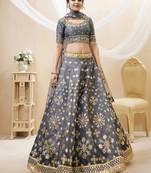 Grey Sequins Foil & Zari Embroidered Art Silk Legenga Choli For Party