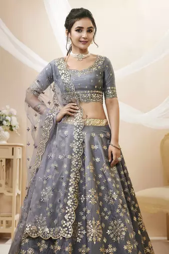 Grey Sequins Foil & Zari Embroidered Art Silk Legenga Choli For Party