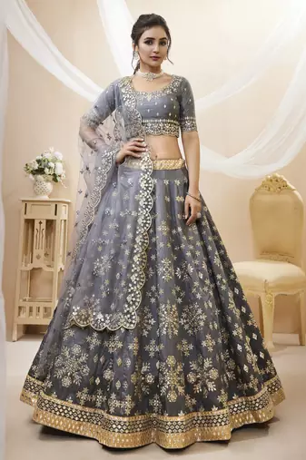 Grey Sequins Foil & Zari Embroidered Art Silk Legenga Choli For Party