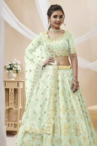  Pista Green Sequins Foil & Zari Embroidered Art Silk Designer Lehenga Choli