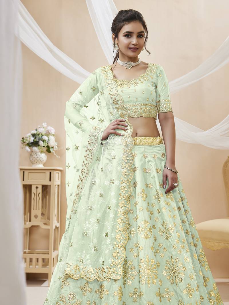  Pista Green Sequins Foil & Zari Embroidered Art Silk Designer Lehenga Choli